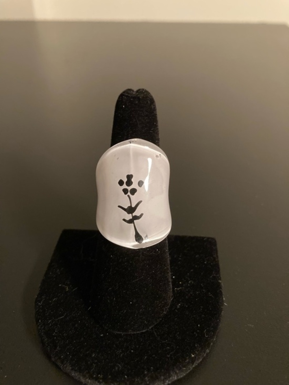 Handmade Clear Glass Ring with Black Floral Accent size 8